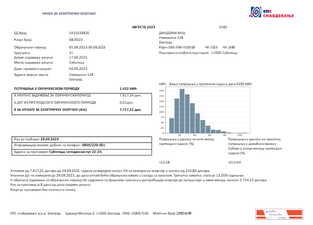 Serbia electricity proof of address utility business bill, SCR PSD template